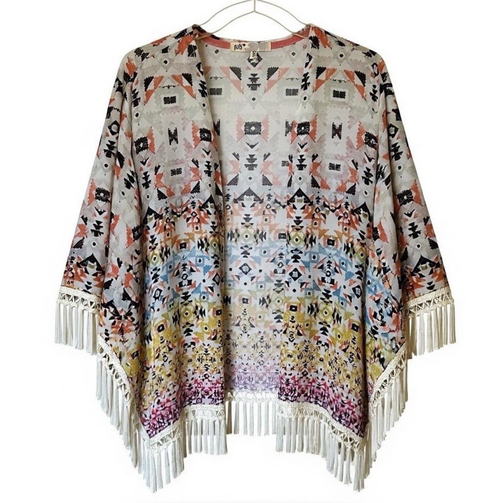 Vintage Y2K Jolt Open Front Top Aztec XS Fringe Boho Festival Party Beach Cover